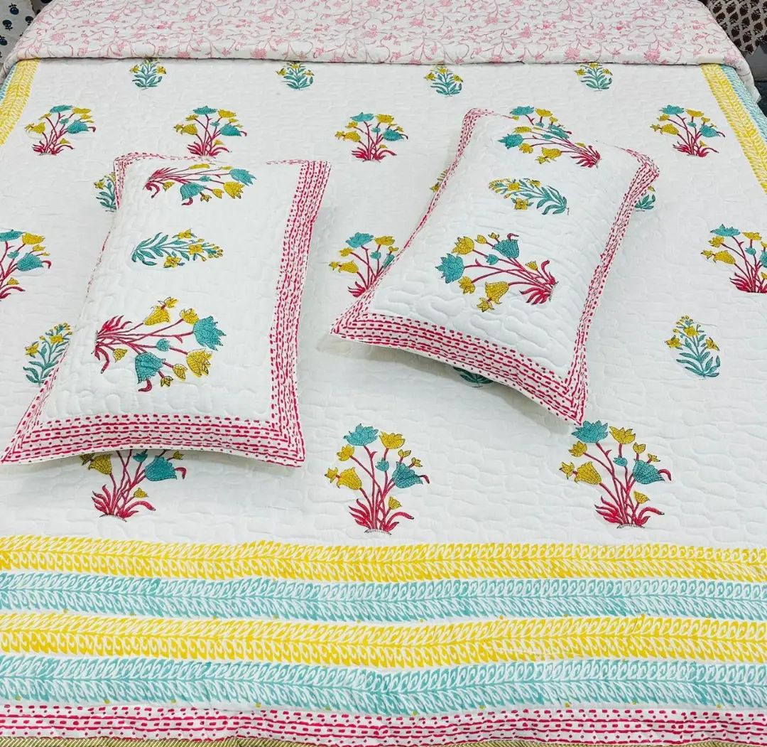 Pure cotton premium quilted double bedcovers with quilted two pillow covers (90x108 inches)