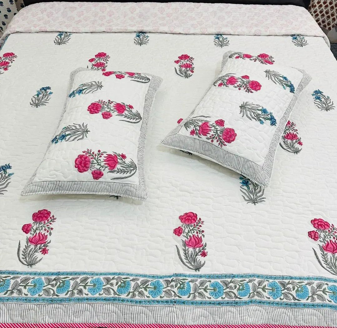 Pure cotton premium quilted double bedcovers with quilted two pillow covers (90x108 inches)