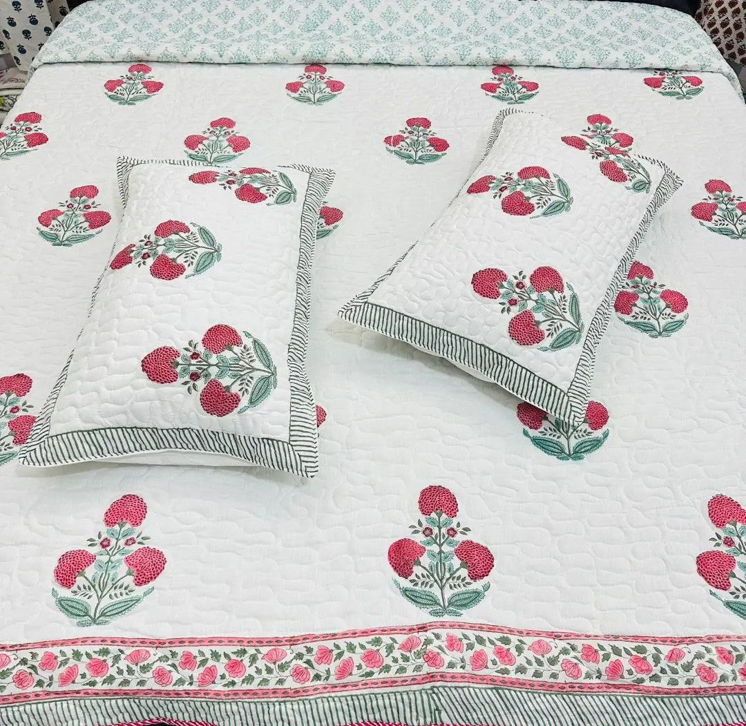 Pure cotton premium quilted double bedcovers with quilted two pillow covers (90x108 inches)