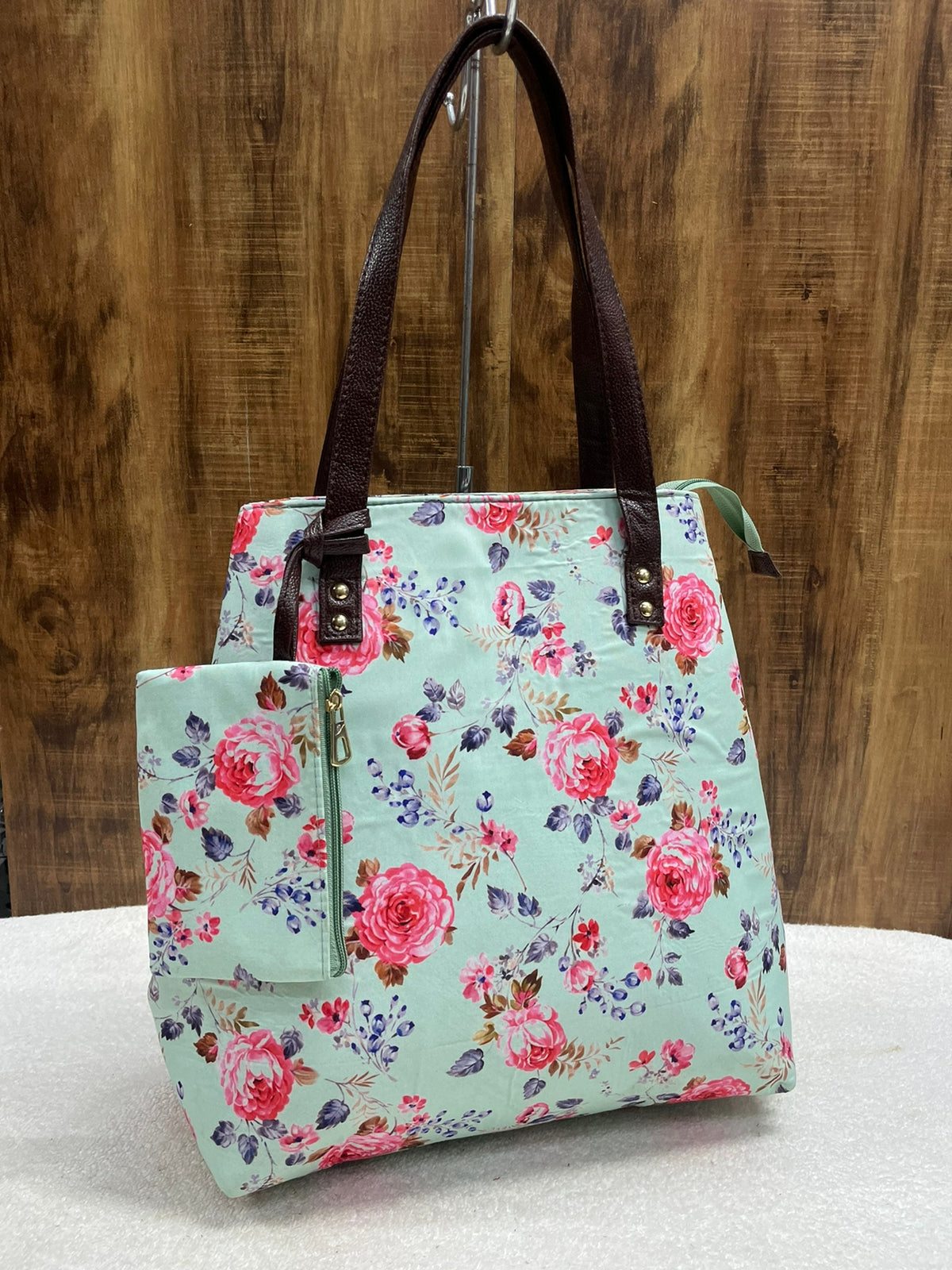Printed fabric handbags with pouch