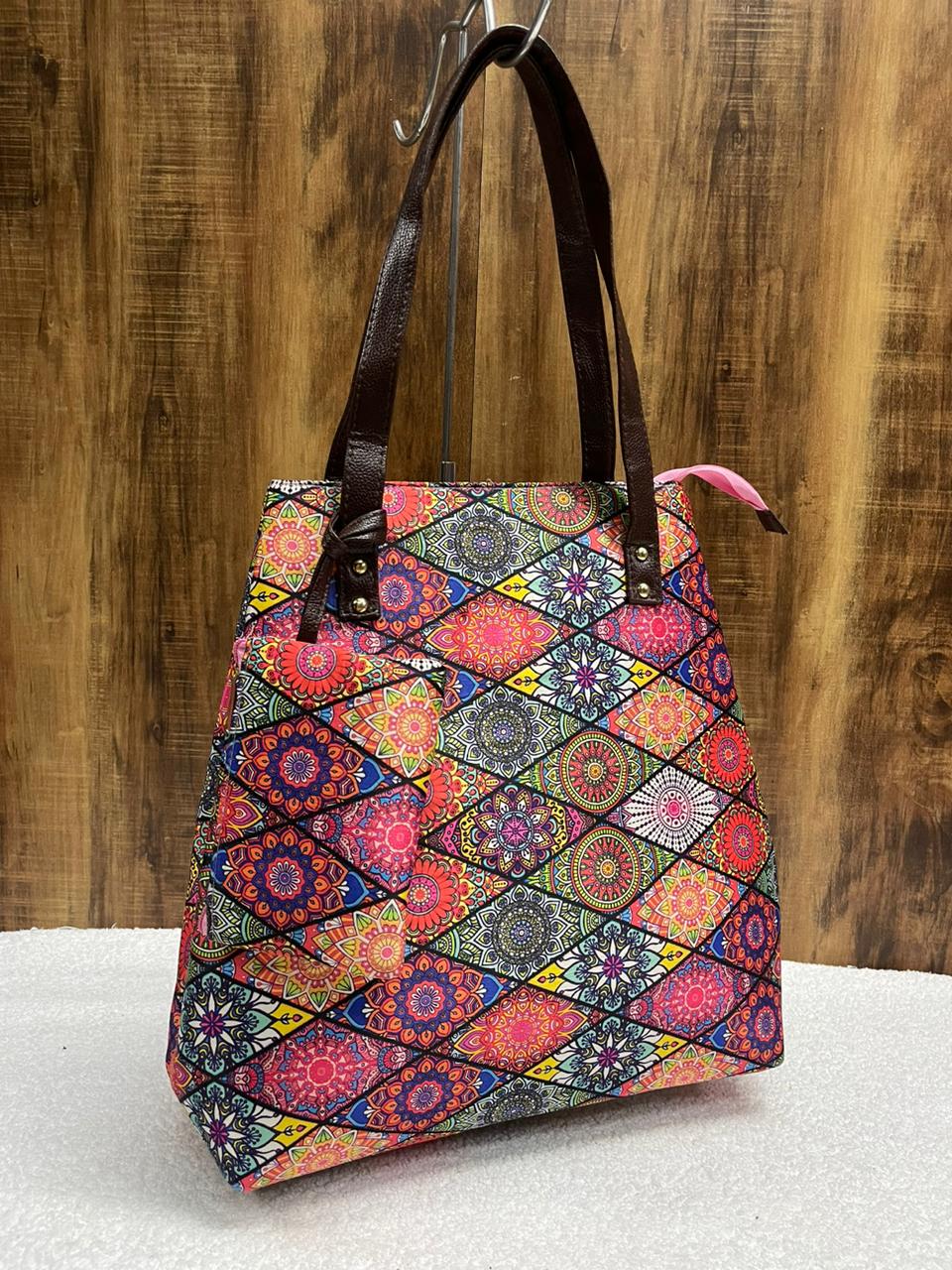 Printed fabric handbags with pouch