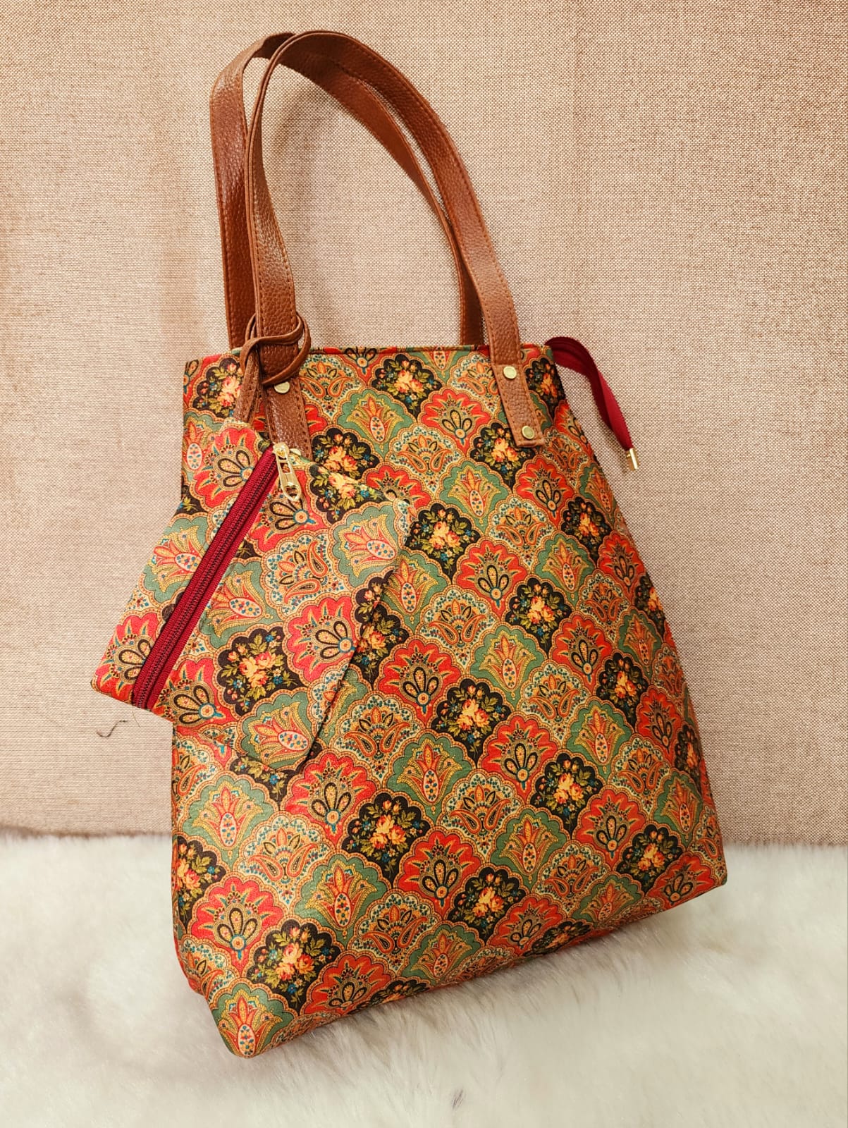 Printed fabric handbags with pouch