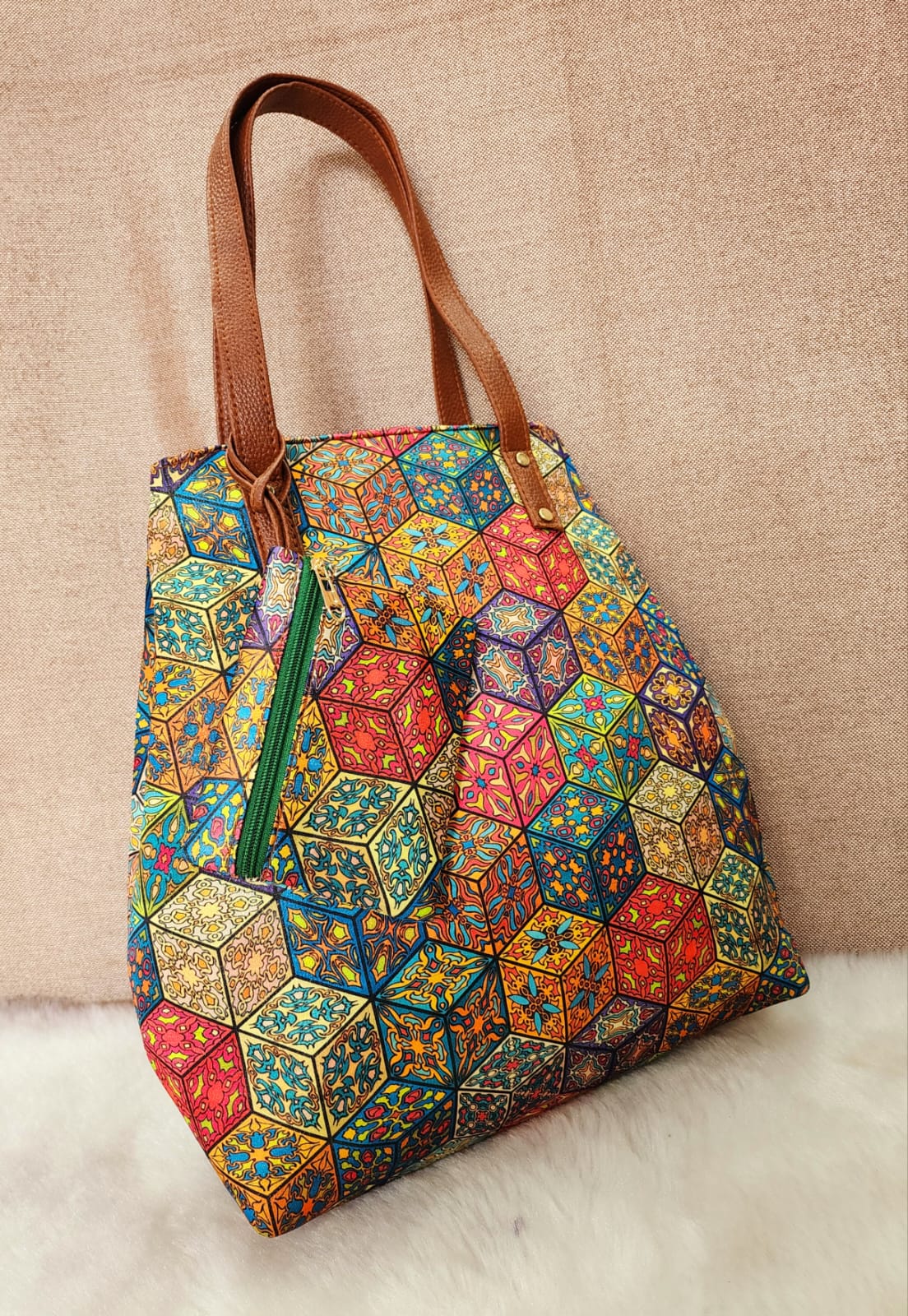 Printed fabric handbags with pouch