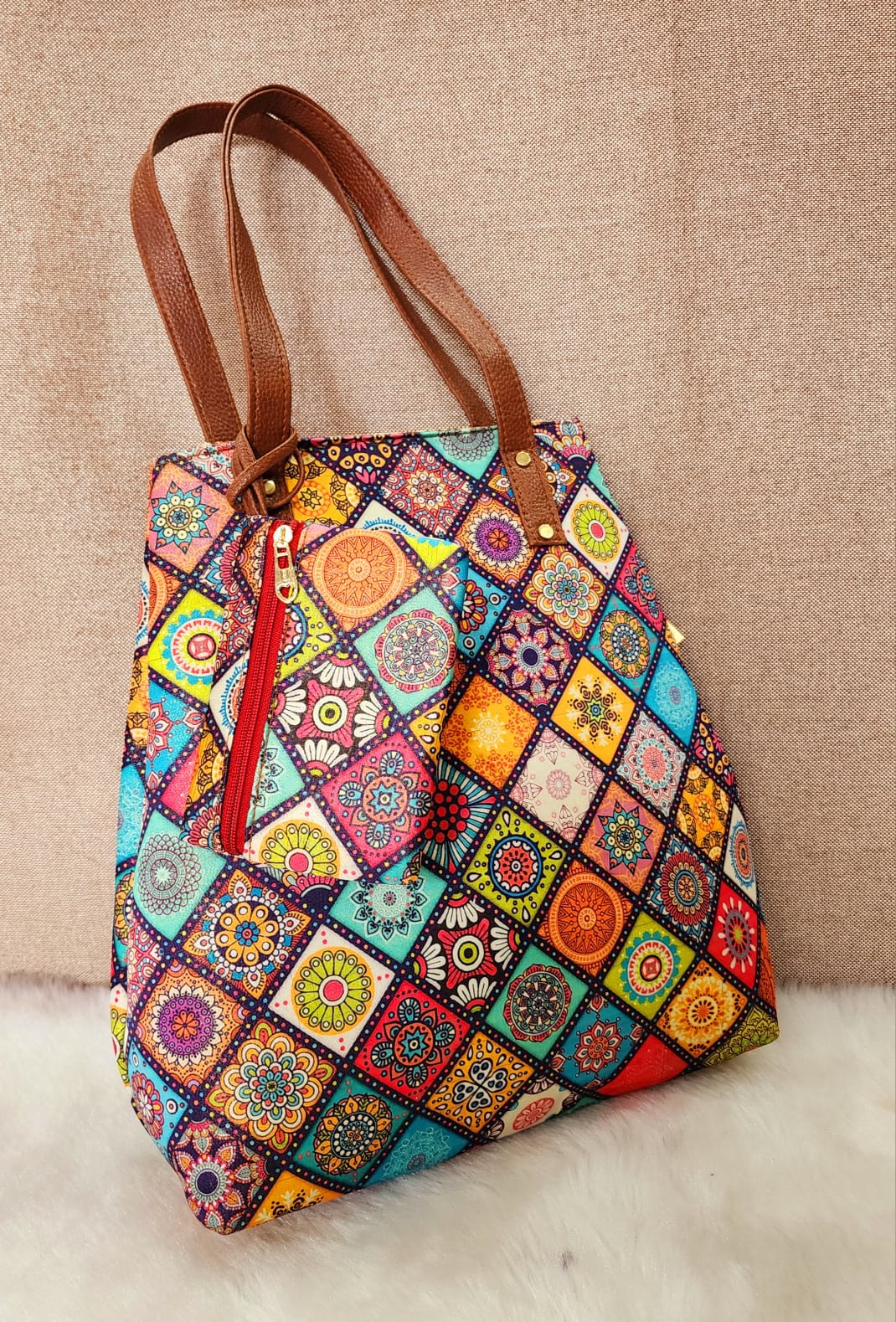 Printed fabric handbags with pouch