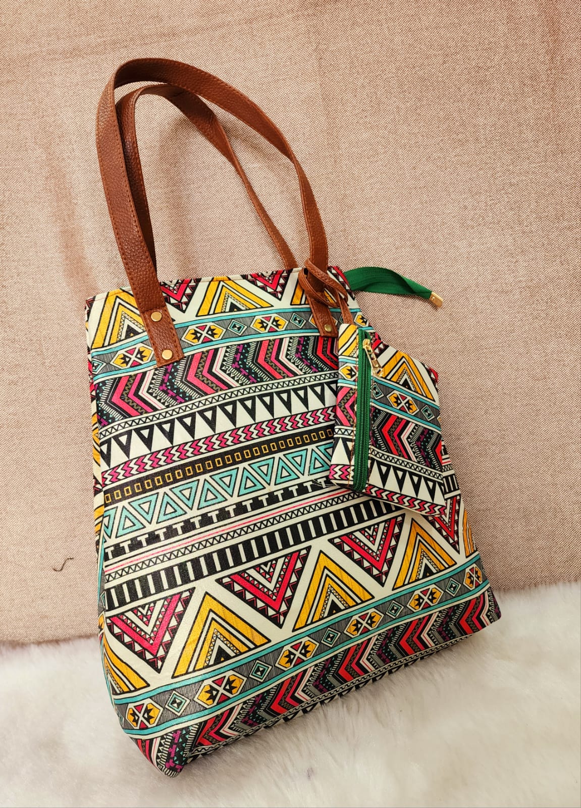 Printed fabric handbags with pouch