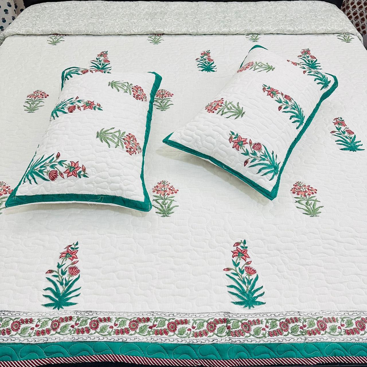 Pure cotton premium quilted double bedcovers with quilted two pillow covers (90x108 inches)