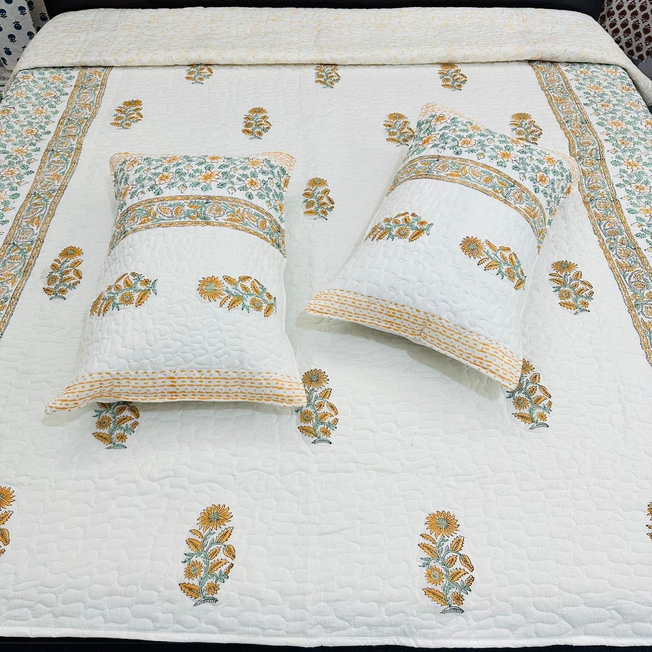 Pure cotton premium quilted double bedcovers with quilted two pillow covers (90x108 inches)