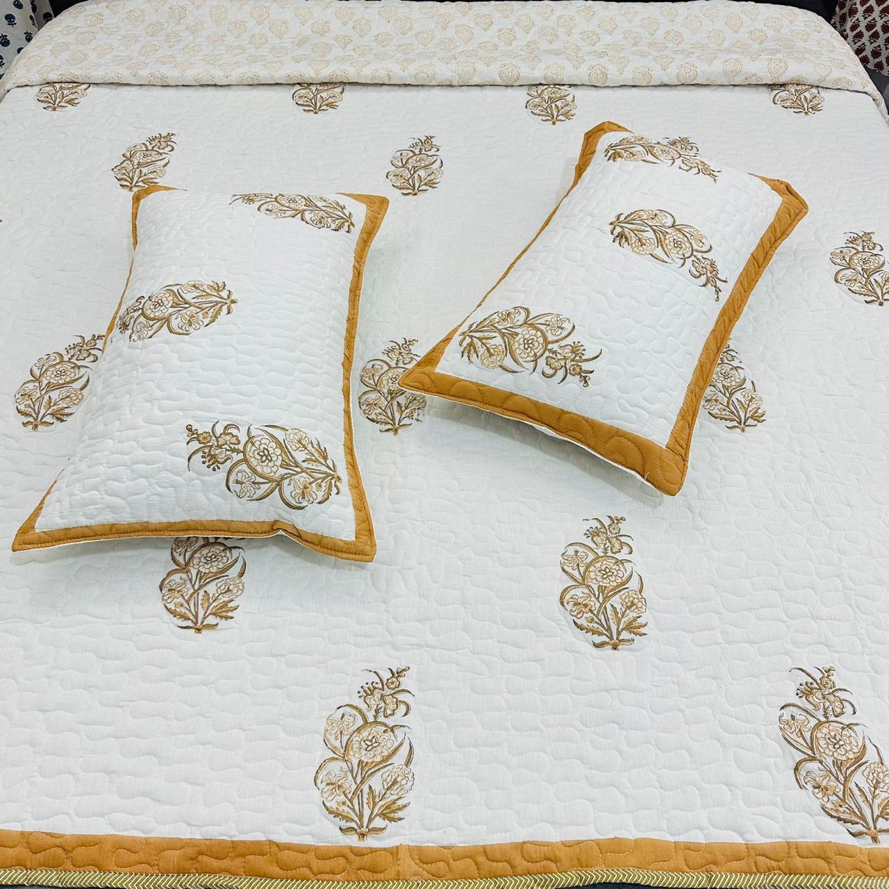 Pure cotton premium quilted double bedcovers with quilted two pillow covers (90x108 inches)