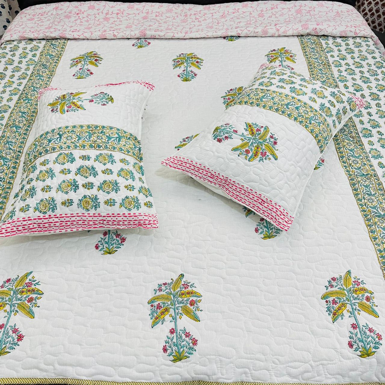 Pure cotton premium quilted double bedcovers with quilted two pillow covers (90x108 inches)