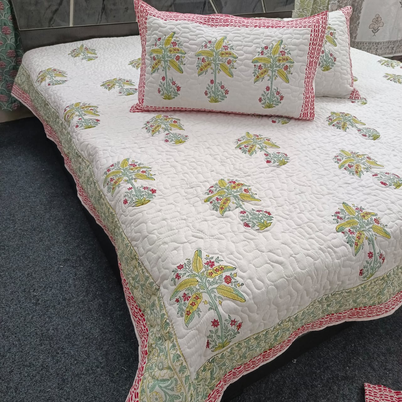 Pure cotton premium quilted double bedcovers with quilted two pillow covers (90x108 inches)