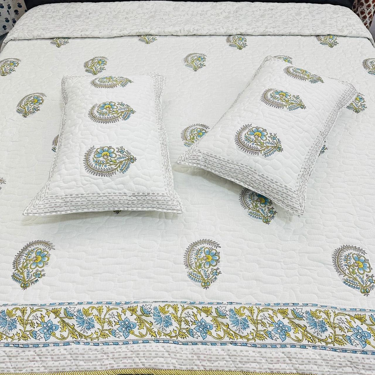 Pure cotton premium quilted double bedcovers with quilted two pillow covers (90x108 inches)