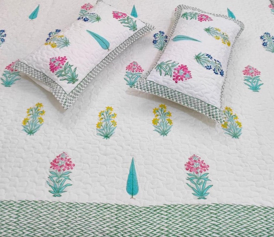 Pure cotton premium quilted double bedcovers with quilted two pillow covers (90x108 inches)