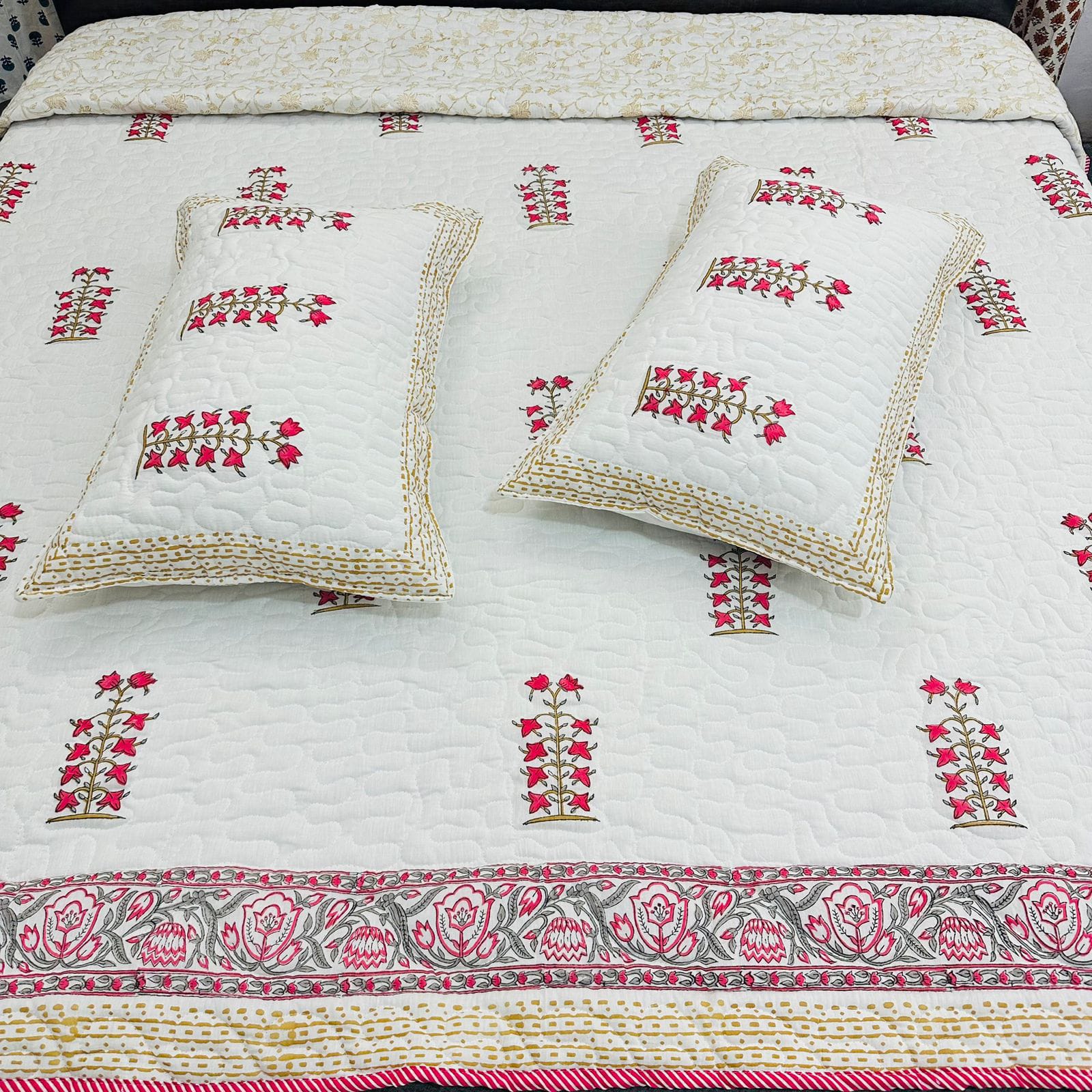 Pure cotton premium quilted double bedcovers with quilted two pillow covers (90x108 inches)