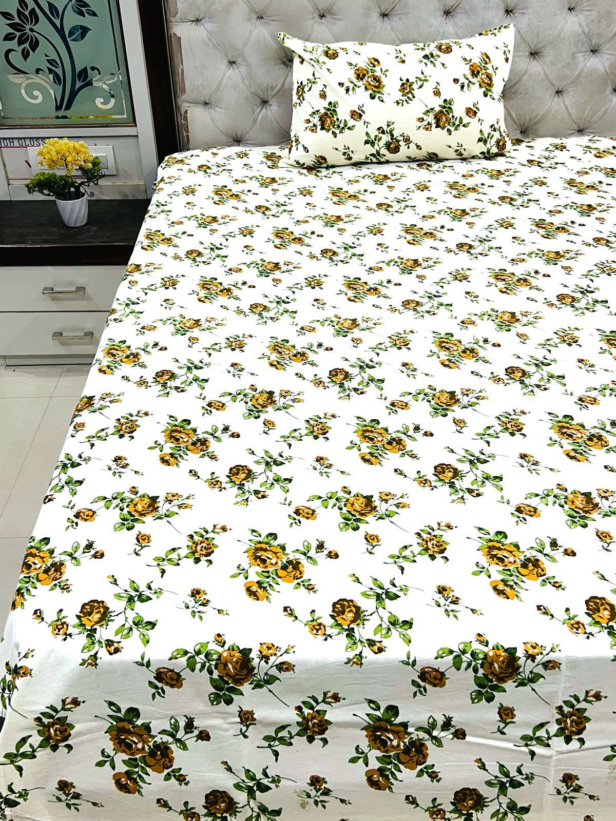Pure cotton single bedsheet with one pillow cover of size 60x90 inches